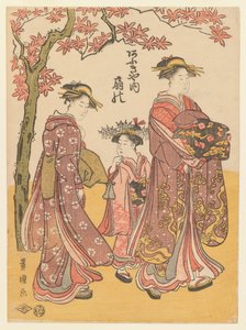 De courtisane Ogino van Ogiya Theehuis met twee bedienden, ca.1790-95 door Utagawa Toyokuni